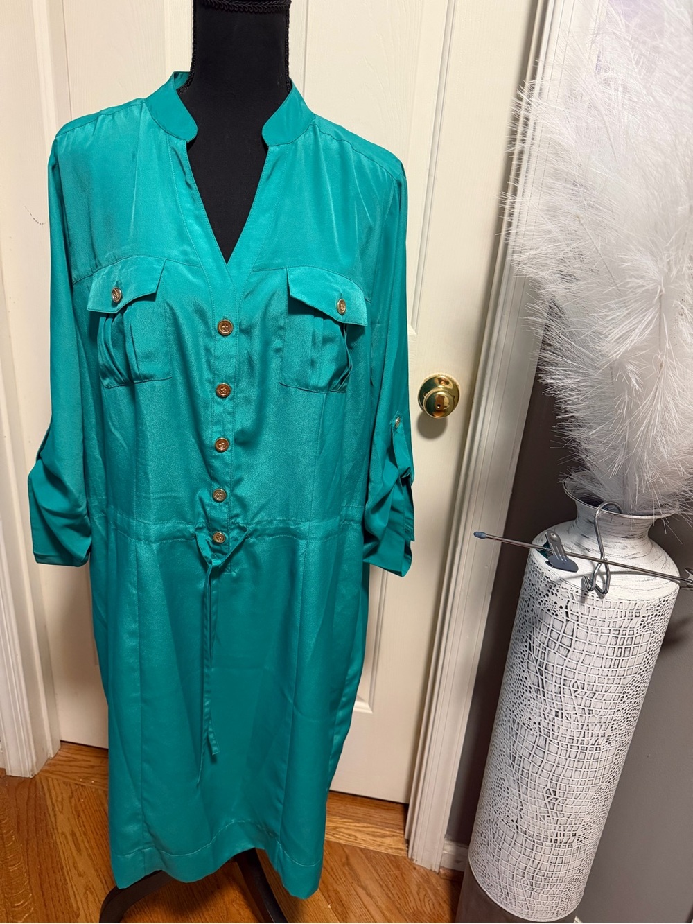 Ice Teal Button-Front Utility Dress